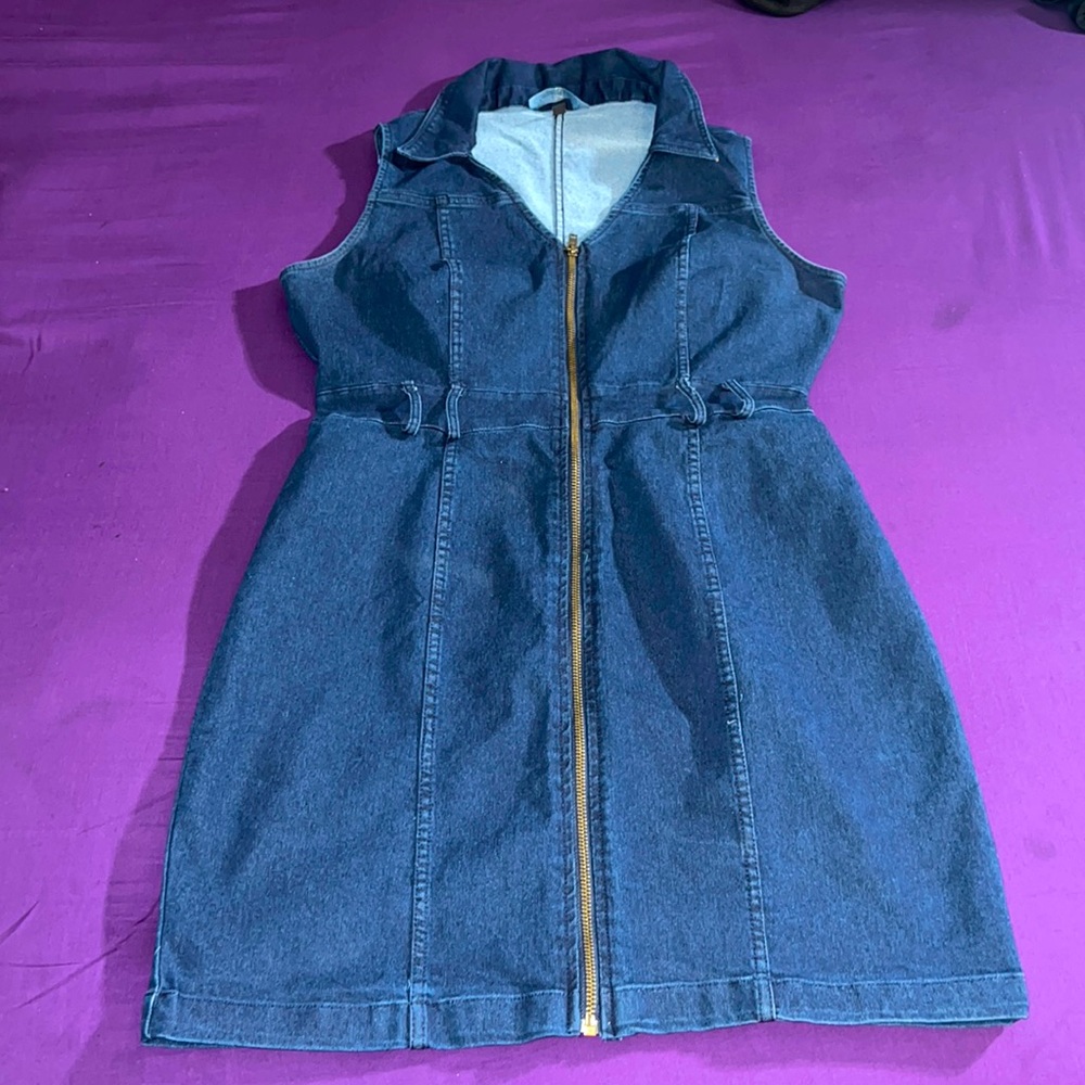 Blue Sleeveless V neck Jean Dress L
